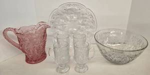 lot 110 image: Lenox Glass Pitcher, Mikasa Egg Tray, and Princess House Glass Bowl & Mugs