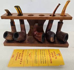 lot 124 image: Vintage Smoking Pipes on Wood Stand & Pipe Cleaners