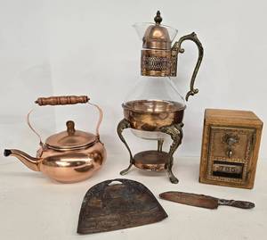lot 133 image: Vintage Post Office Door Bank, Copper Tea Pots, Souvenir Crumb Sweeper