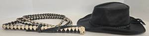 lot 146 image: Vintage 80s Black Leather Western Hat & Braided Leather Bull Whip