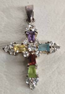 lot 158 image: Sterling Silver 925 Multi-Colored Gemstone Cross Pendant