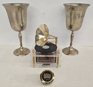 lot 167 image: Set of Brass Chalices, Heritage Musical Box, & Armotar Travel Clock 