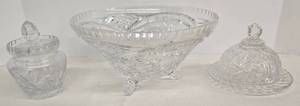 lot 168 image: Vintage Pinwheel Lead Crystal Footed Bowl, Butter Dish, & Sugar Container 