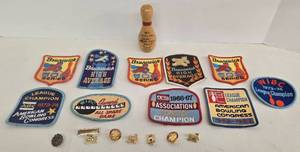 lot 169 image: Vintage Bowling Patches, Lapel Pins & Mini Wood Pin