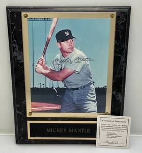 lot 1 image: 8 x 10 Autographed (Mickey Mantle) Photo Mounted Behind Acrylic On Plaque With COA Plaque 12 x 15
