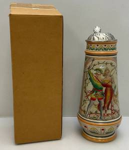 lot 69 image: Gerz Brand Vintage 2.5L Pewter Lidded Incised Diana Goddess Of Hunt Beer Stein Germany (Like New)