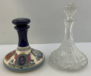 lot 158 image: Vintage Deep Cut Glass Ship Dceanter & Nahon-WADE Ceramics British Navy Pussers Rum Ships Flat Decanter (EMPTY) With Writing On Bottom