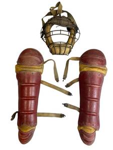 Vintage 1940s Rawlings Leather & Wire Catchers Mask and Vintage Catchers Shin Guards - NO Shipping