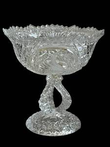 Vintage MCM Sawcut Top Etched Swan Crystal Pedestal Candy Bowl (7.5 W x 7.75 T) - NO Shipping