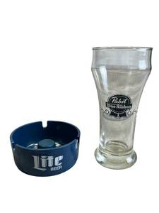 Vintage Miller Lite Beer Ashtray (3.5 Wide) and 6 Pabst Blue Ribbon Beer Glass - NO Shipping