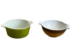 Vintage Pyrex (1 12 QT) Old Orchard Brown Fade Mixing Bowl & Vintage Pyrex (2 QT) Green Cinderella Casserole Dish in Good Overall Condition - NO shipping