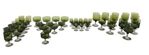 Beautiful Vintage 47-Piece MCM Sasaki Crystal Stemware Regency Olive Green WineCordialSherryChampagne Glasses in Excellent Condition - NO Shipping