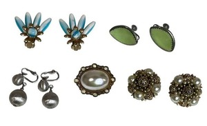 Neat Vintage Costume Jewelry Lot including Faux Pearl Rhinestone Brooch (1 x 1.25), Clip On Earrings, and More - Shipping Available