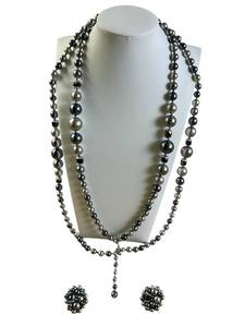 Vintage Japan Signed Gray, Black and Silvertone Bead Necklace and Earrings (No Precious Metals) - Shipping Available