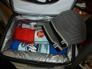 lot 48 image: Soft sided cooler with 2 throw blankets and 2 stocking hats and 2 mini hand sanitizer