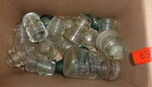 lot 65 image: Box of glass insulators and a Ball jar