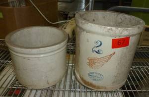 lot 67 image: 2 crocks, one is a 2 gallon Red Wing