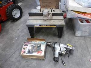 lot 127 image: Router table, drill, air compressor