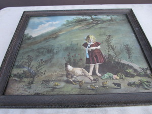 Antique Picture, Girl & Chickens