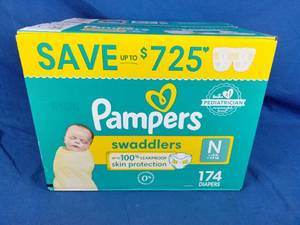 lot 110 image: New Pampers Swaddlers Newborn Diapers - Size N, 174 Count, Ultra Soft Disposable