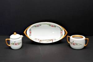 lot 48 image: Hand Painted Butter Dish, Creamer and Sugar Bowl.