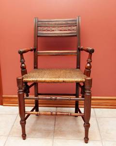 lot 54 image: Vintage Wooden Armchair with Woven Rush Seating