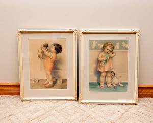 lot 104 image: Vintage Bessie Pease Gutmann prints with matting and frame.  Mine and Love is Blind
