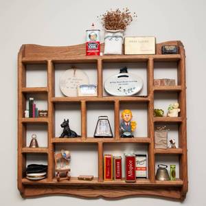 lot 126 image: Trinket Shelf and Contents including Chadwick Opera Glasses, Seth Thomas Travel Clock, 2 Vintage Cowbells