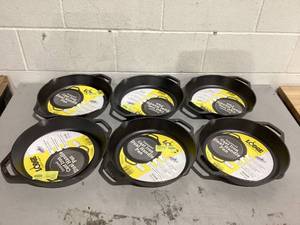 lot 447 image: LOT OF 6 Lodge Cast Iron Seasoned 12 Dual Handle Pan