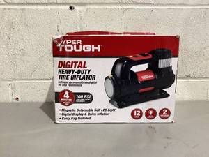 lot 454 image: Hyper Tough DC 12V Heavy-Duty Direct Drive Tire Inflator with Detachable Light, Black