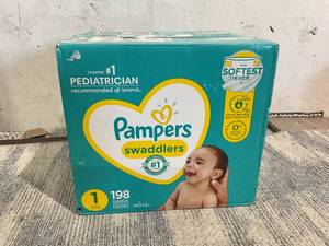 lot 106 image: Pampers Swaddlers Diapers, Size 1, 198 Count