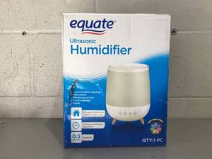 lot 498 image: Equate Ultrasonic Humidifier, Diffuser, Cool Mist, Visible Mist, Filter-Free, 0.5 Gallon, White and wooden