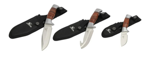 lot 338 image: 3PCS Mossy Oak Hunting Knives, Leather Wrapped with Sheath, 5 Stainless Steel Blade Length