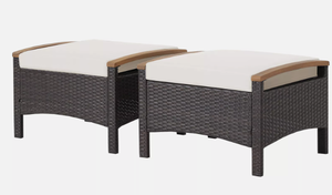 lot 25 image: 2PCS Patiojoy Patio Rattan Ottoman Footrest Cushions Wooden Handle