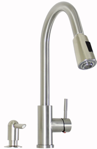 lot 579 image: Better Homes & Gardens Elmont Pull Down Kitchen Faucet with Soap Dispenser, Satin Nickel