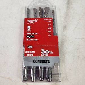 lot 156 image: New Milwaukee 5 Piece SDS Plus 2-Cutter Concrete Bits 316 14 516 38 12