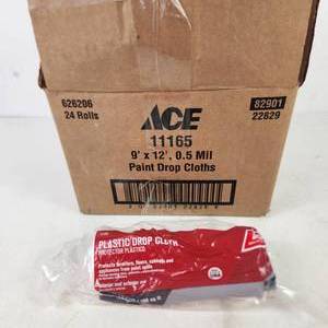 lot 173 image: Box Of 24 Rolls Ace Plastic Drop Cloth 9 x 12 Protects
