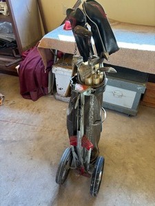 Vintage Golf Clubs with Wheeled Cart