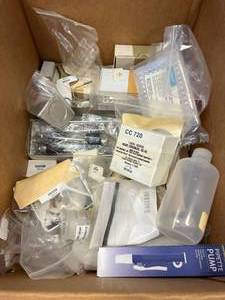 Assorted Box of Science Equipment, Well plates, Crucibles, Syringe, Lenses, Clamps, Adapter, See Photos