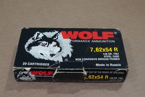lot 255 image: 18 Wolf 7.62 x 54R 148 Gr FMJ Steel Case Ammo
