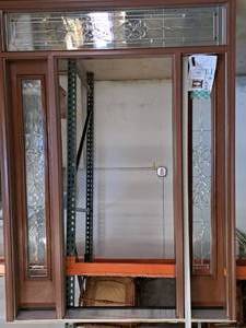 lot 425 image: ProVia Heritage Woodgrain Textured Fiberglass Single Entry Door Frame with Symphony Decorative Glass Sidelites in FrameSaver Frame  Right Hand Swing - Inside Looking Out 36x80