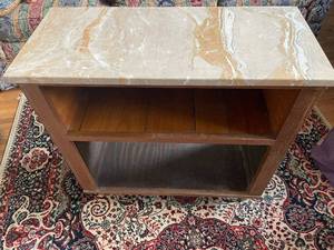 lot 7 image: Mid-Century Modern Marble Top Side Table with Open Shelf
