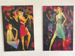 lot 12 image: Pair of Vintage Style Paintings - Romantic Dance Scenes