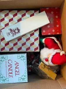 lot 50 image: Box of Holiday Decor and Vintage Silver Plated Spoons - Assorted Items
