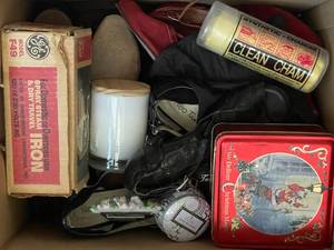 lot 60 image: Vintage Box of Household Items Including GE Iron, Clean Charm Cleaner, and More