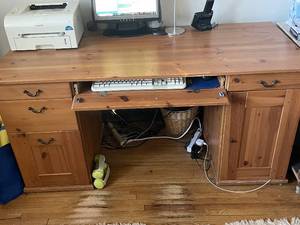 lot 65 image: Vintage Pine Wood Desk with Storage Drawers