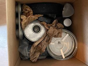lot 85 image: Box of Assorted Kitchen Items Including Enamel Cookware and Decorative Pieces