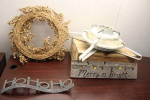 lot 29 image: Holiday Decor Collection Merry n Bright Sign, Glittery Ho Ho Ho Decoration, Wreath, and Vintage Christmas Tree Stand