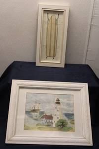 lot 81 image: Collection of 3 Framed Artwork Pieces Lighthouse, Garden, and Norman Rockwell Dog Scene