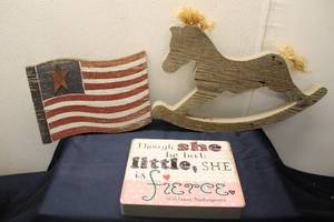 lot 86 image: Collection of Assorted Vintage Decorative Items including Wooden Flag, Rocking Horse, and Elephant Toys